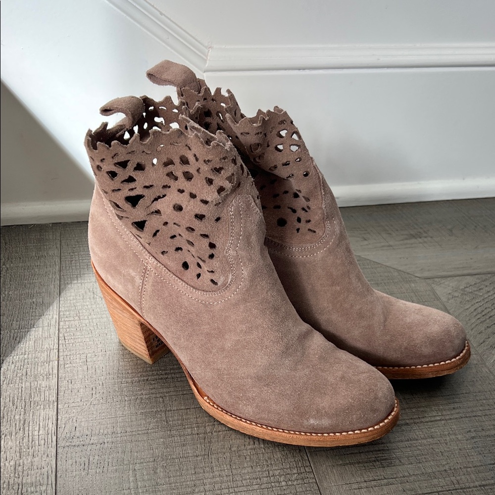 Frye Taupe Suede Laser-Cut Heeled Ankle Boots